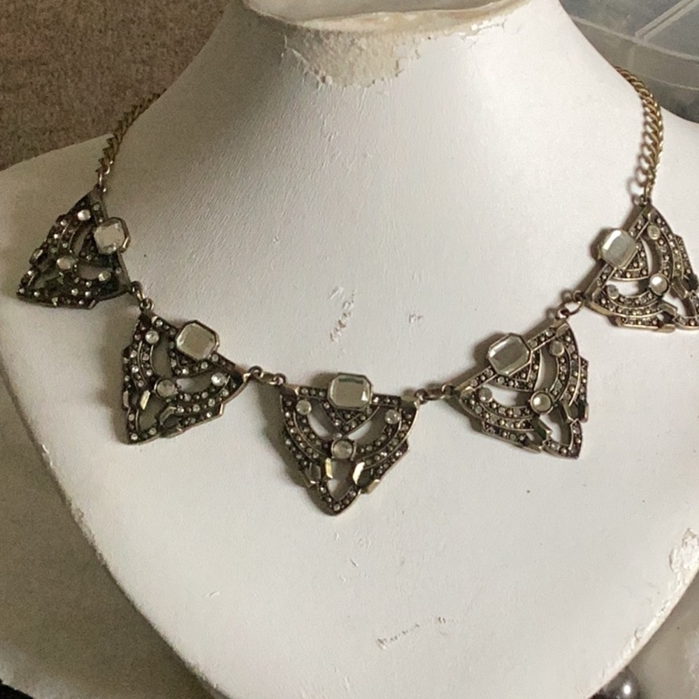 Repro Art Deco Silver Chevron & Rhinestone Necklace Edwardian Look Jazz Age